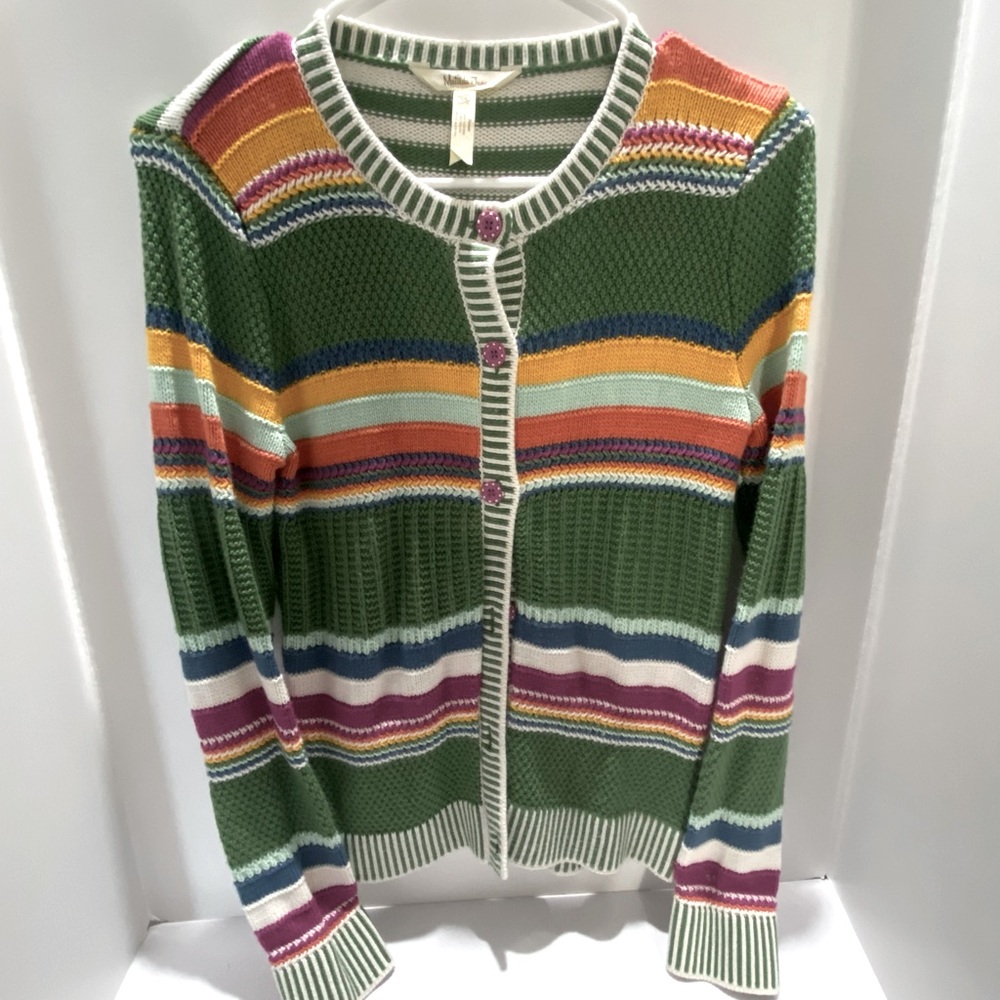 Matilda Jane Girls Size 14 Cardigan Sweater Green Multicolor Striped Knit